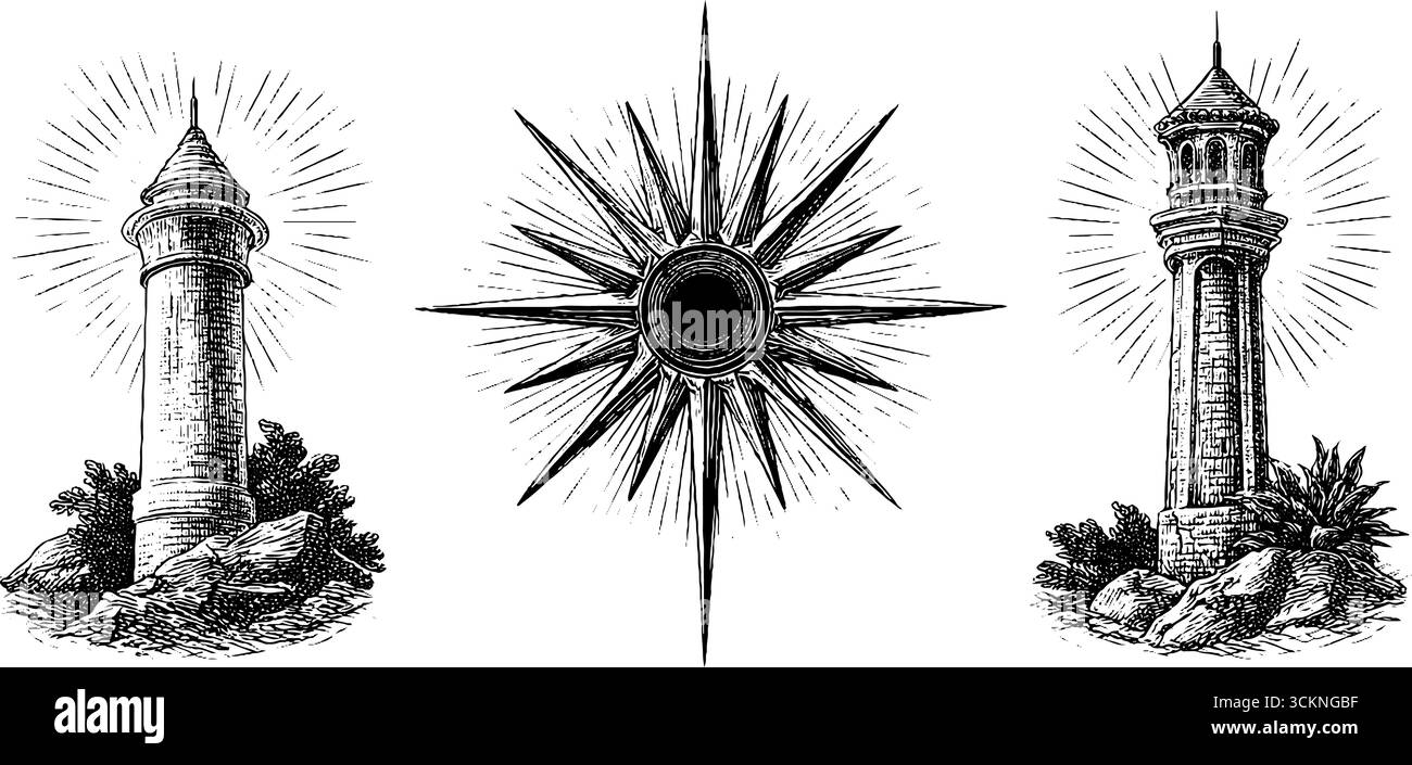 Vintage engraved lighthouse and spiked rays design for art prints and ...