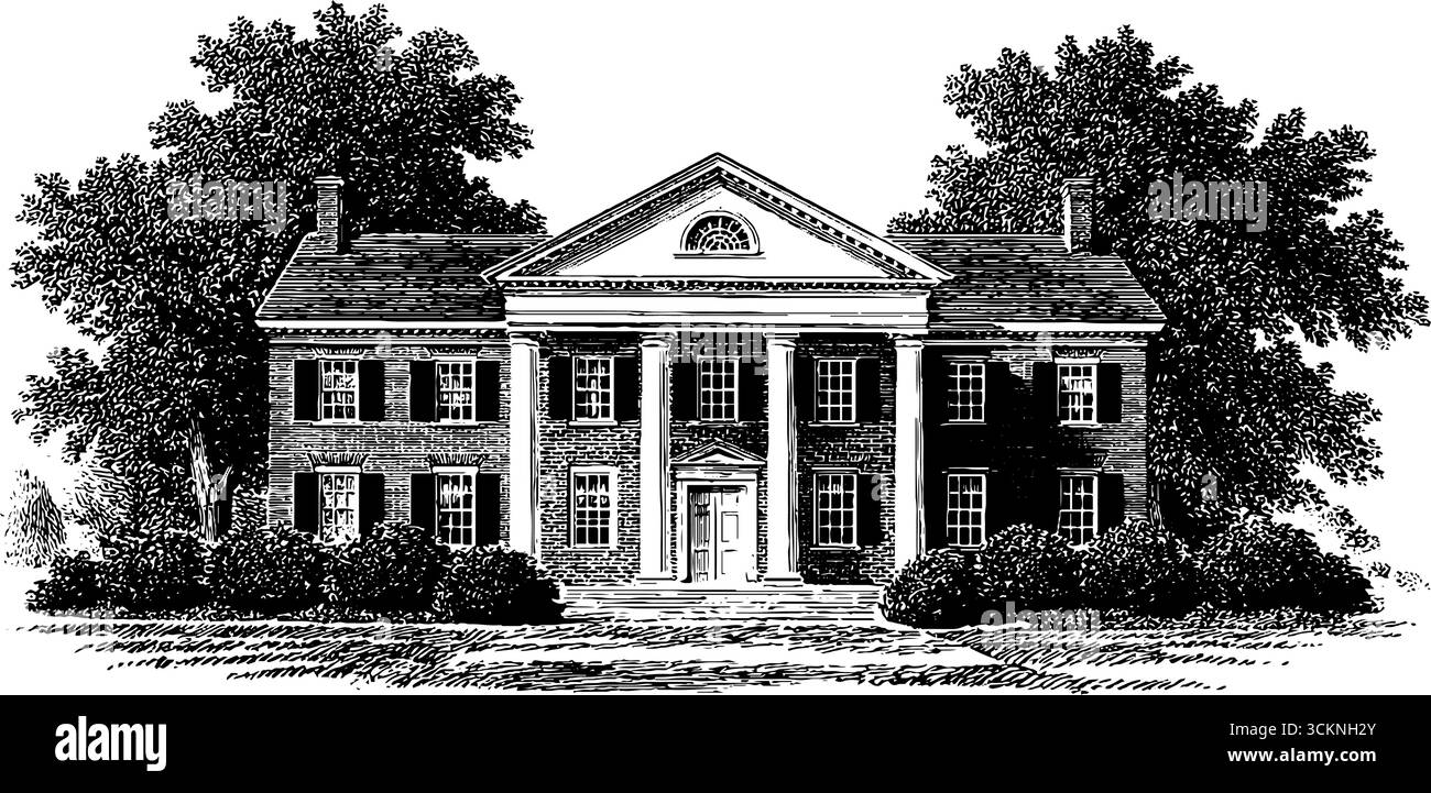 Colonial architecture engraving depicting historic building design with ...