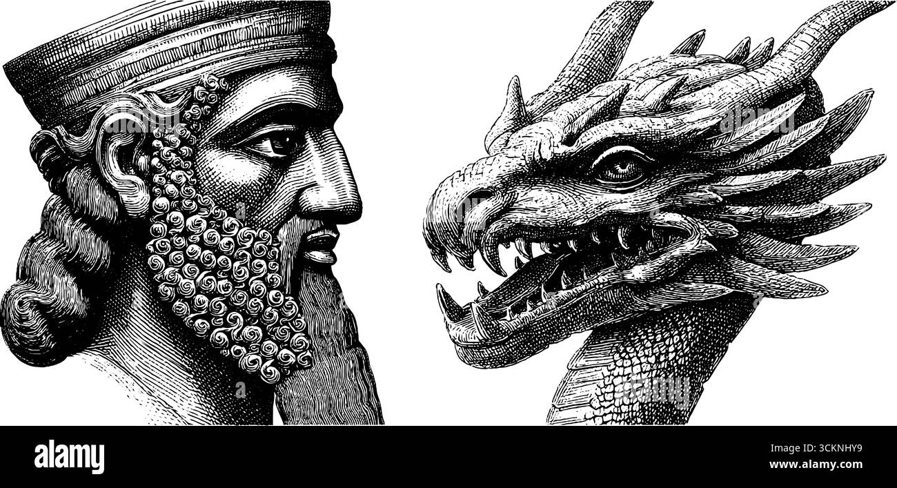 Ancient Mesopotamian God Enki With Dragon Engraving Design For ancient-mesopotamian-god-enki-with-dragon-engraving-design-for