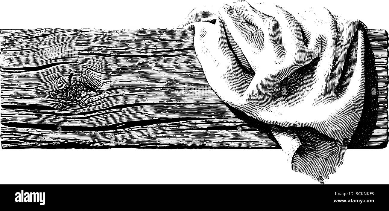 Detailed engraving of weathered wood plank with draped fabric for ...