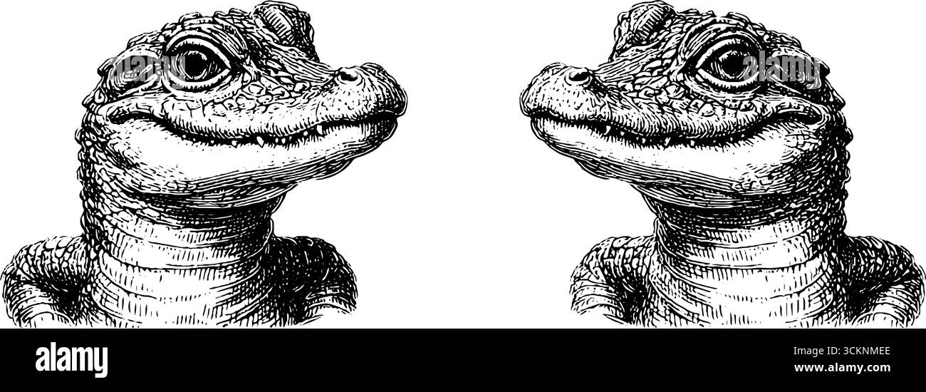 Engraved illustration set of smiling baby crocodiles for artistic design. Stock Vector