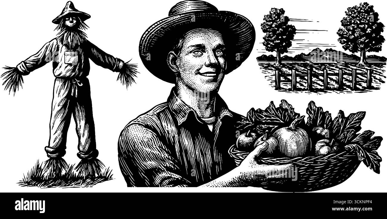 Engraved illustration set of farmer with harvest basket, scarecrow, and ...