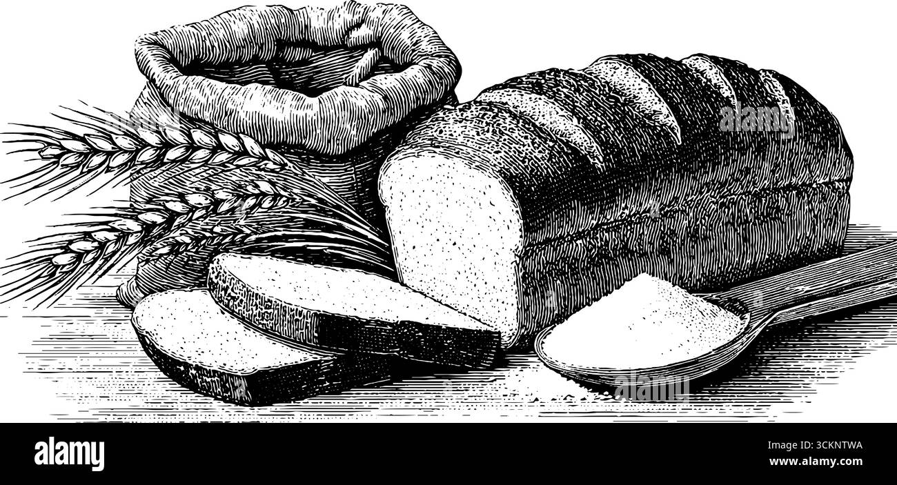 Vintage engraving of sliced bread and sack with wheat for bakery design ...