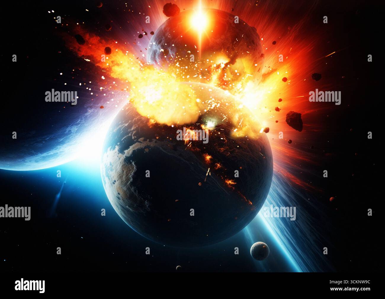 Illustration of planets colliding in deep space. Stock Photo