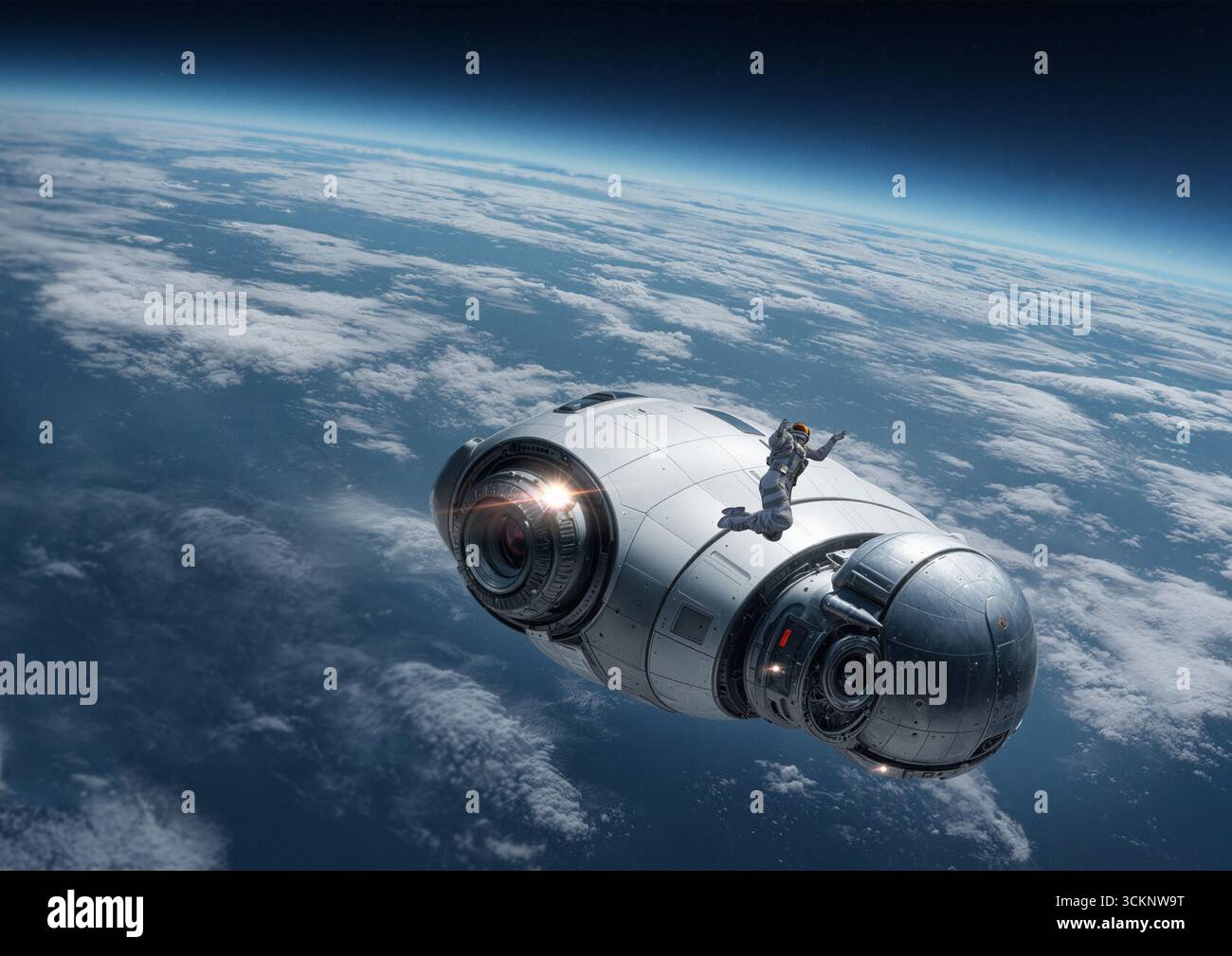 Illustration of a spaceship and astronaut in orbit around Earth Stock ...