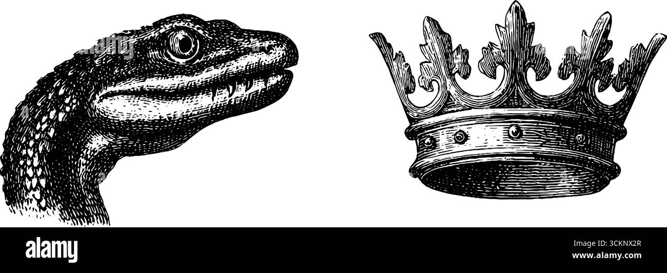 Engraved illustrations of mythical basilisk and serpent with regal ...