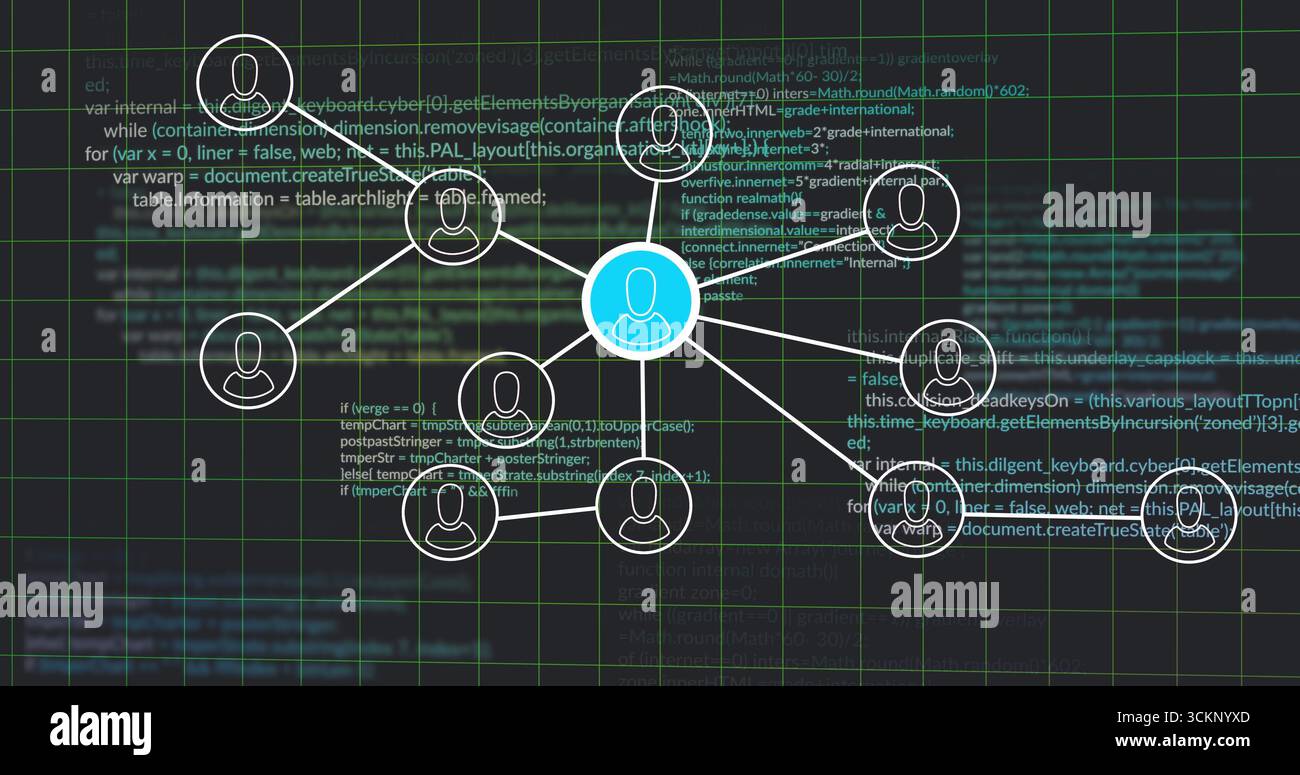 Radiating blue user icon connecting icons on data interface, with green grid overlay and code text Stock Photo