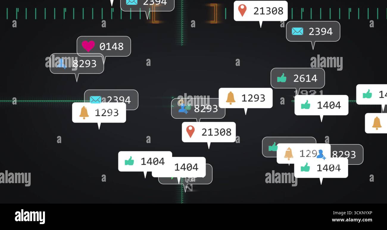 Displaying cluster of floating notification bubbles hovering over dashboard with green grid Stock Photo