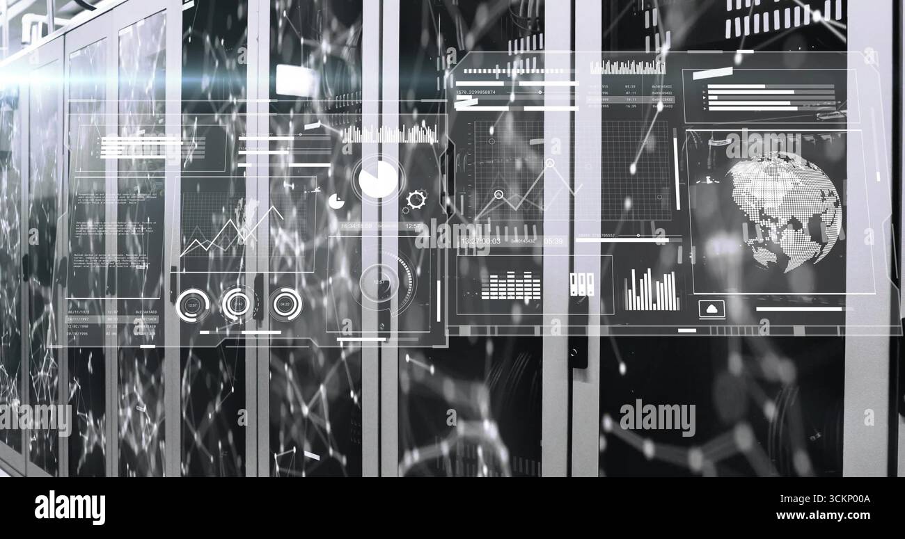 Glowing server racks displaying holographic data overlays in data ...