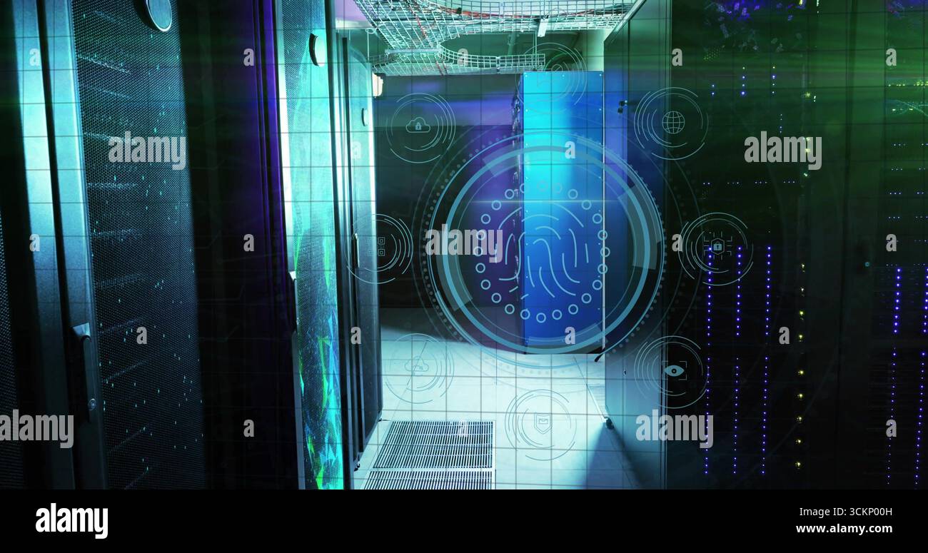 Displaying holographic fingerprint interface securing data corridor with server racks, cable trays Stock Photo