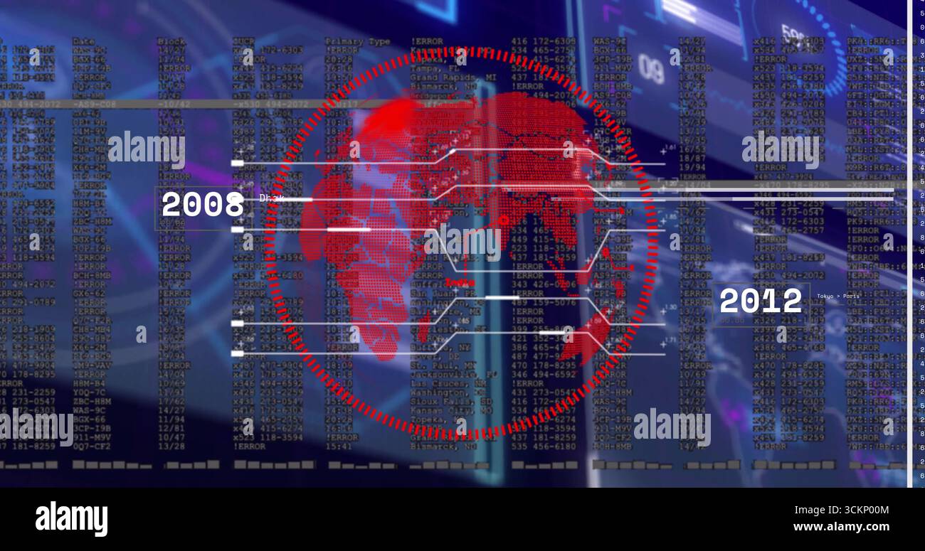 Displaying red map with HUD overlay on dashboard, streaming code, white lines and labels 2008–2012 Stock Photo