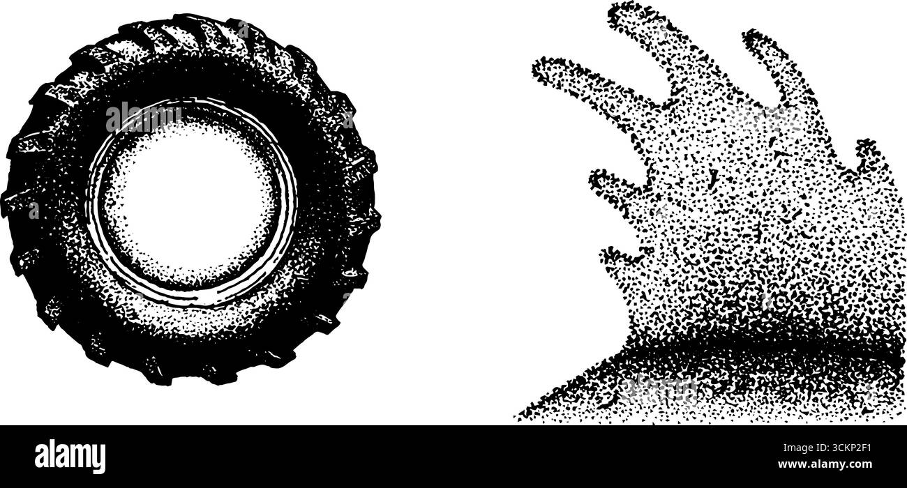 Hyper detailed stippling ink art featuring hand and wheel elements for ...