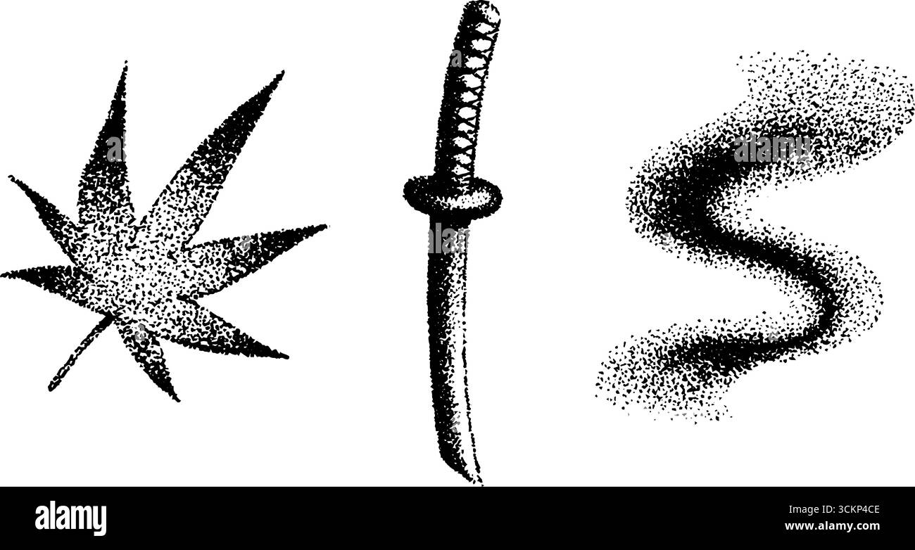 Intricate stippling ink art with leaf, sword, and smoke elements for ...