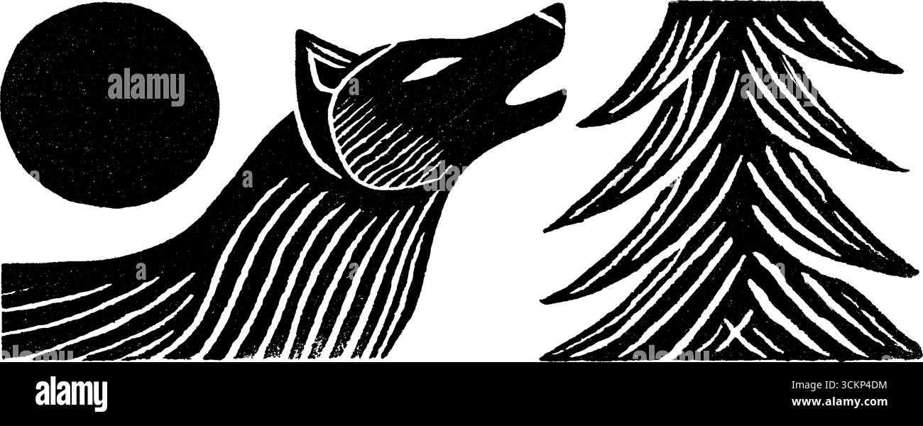 Folk art style illustration featuring howling wolf and pine tree with ...