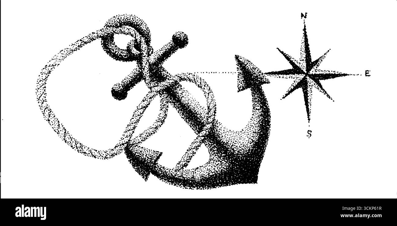 Nautical Compass Ink Nautical anchor and compass rose stippling ink art with halftone ...