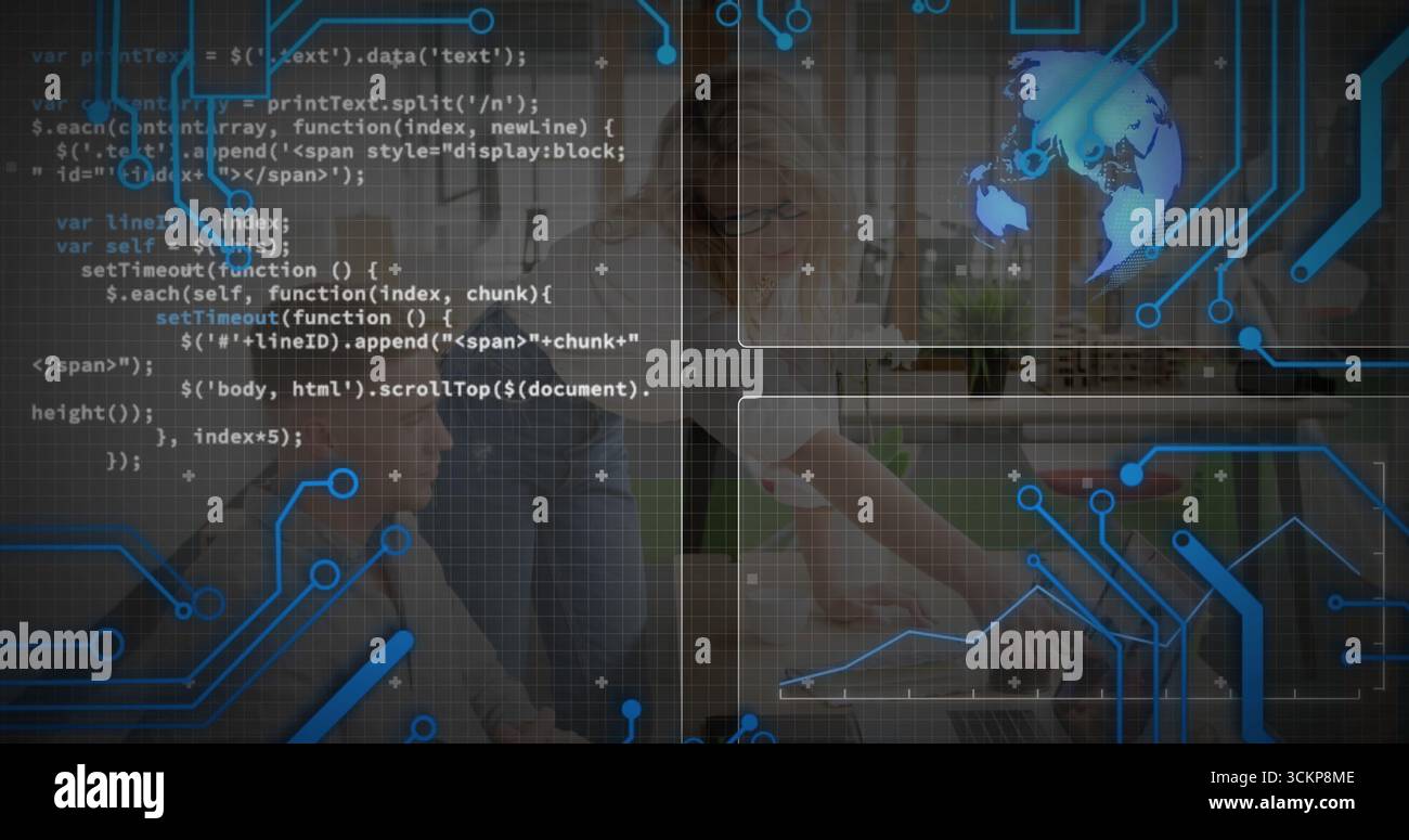 Coding developers using laptop and smartphone in living room, showing circuit graphics, copy space Stock Photo