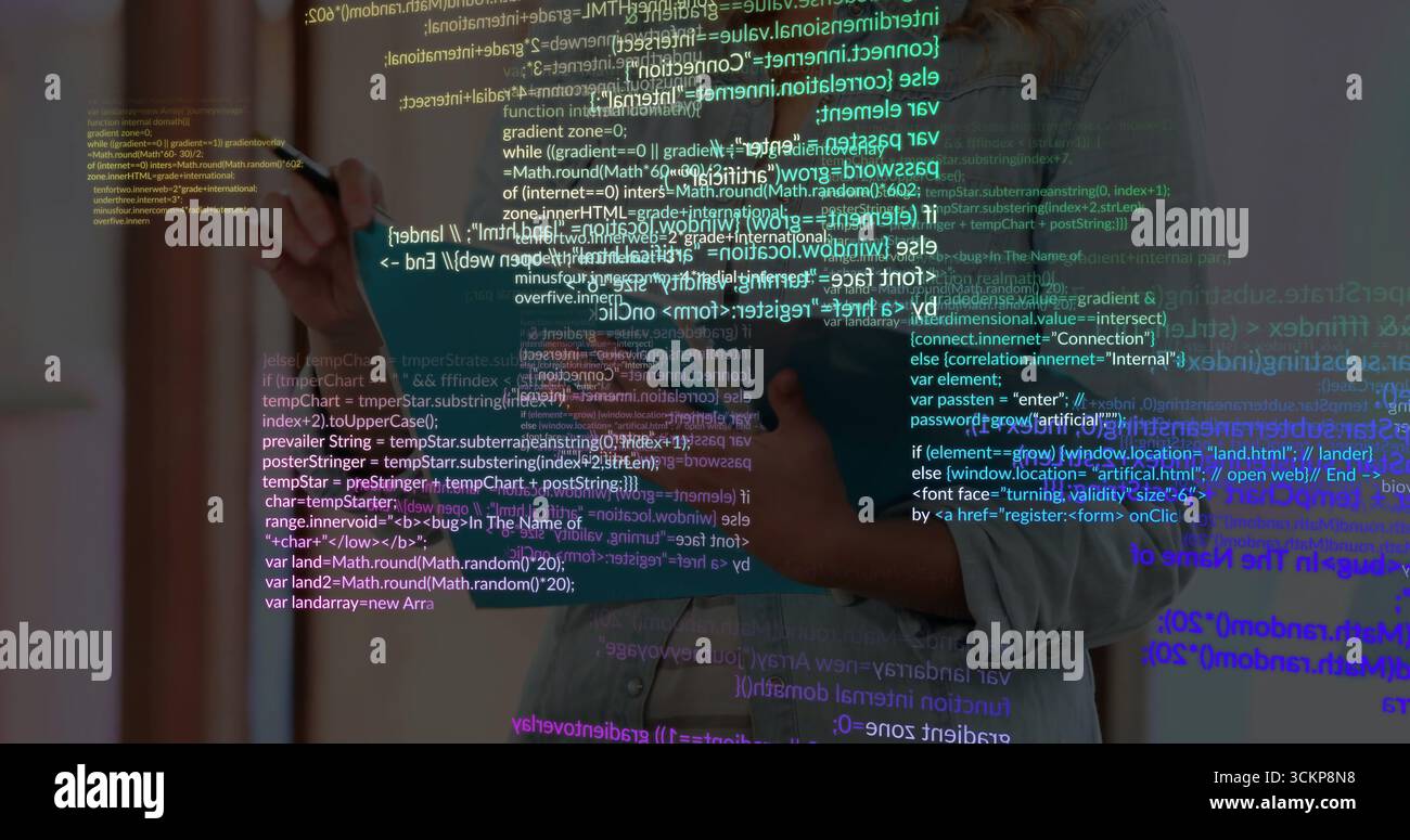 Developer wearing denim shirt writing code on glass panel in office with marker pen, copy space Stock Photo