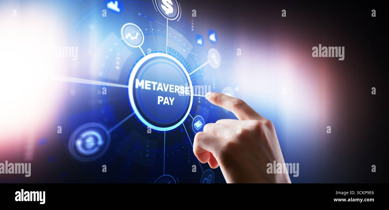 Futuristic metaverse payment system with digital currency and virtual transaction technology. Stock Photo