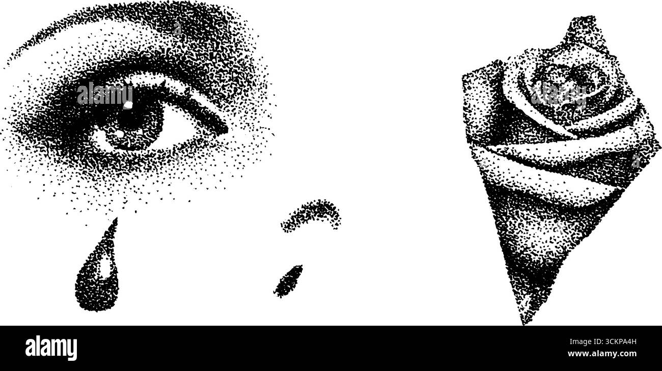 Intricate stippling ink art featuring eye with tear and rose fragment ...