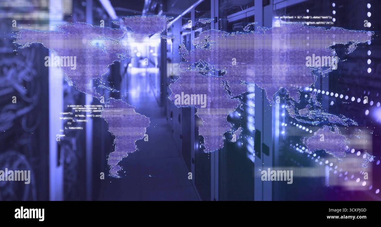Projecting world map hologram across datacenter aisle with racks network cables LEDs, floating code Stock Photo