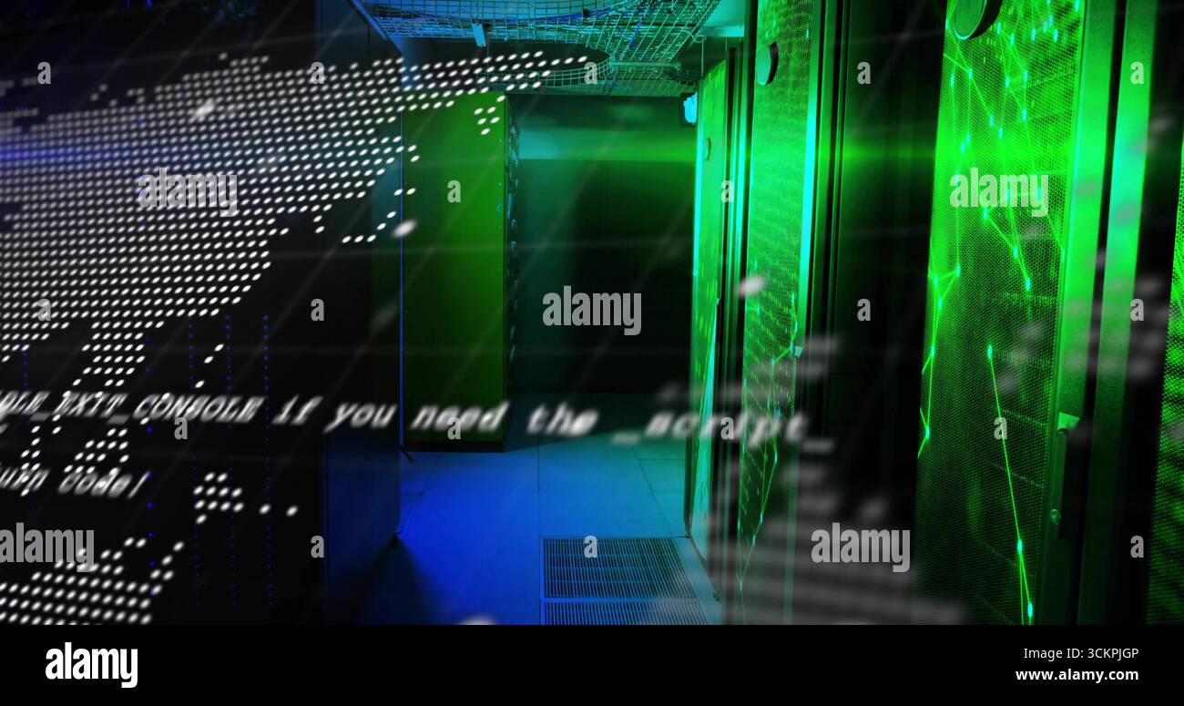Glowing tall server cabinets lining data center corridor, with LED lights and code overlay Stock Photo
