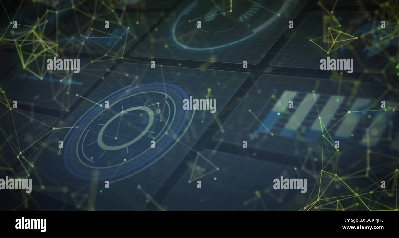Floating blue circular holographic chart displaying data points on grid panels, with network nodes Stock Photo