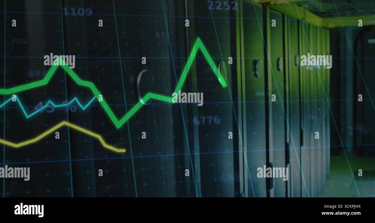 Showing black server cabinets lining server room corridor, with LEDs, numeric overlays, copy space Stock Photo