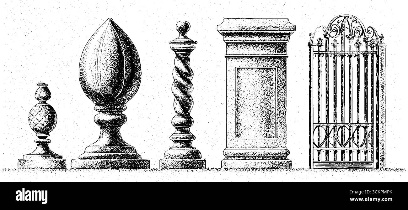 Ornate ironwork elements featuring decorative gate and finials for ...