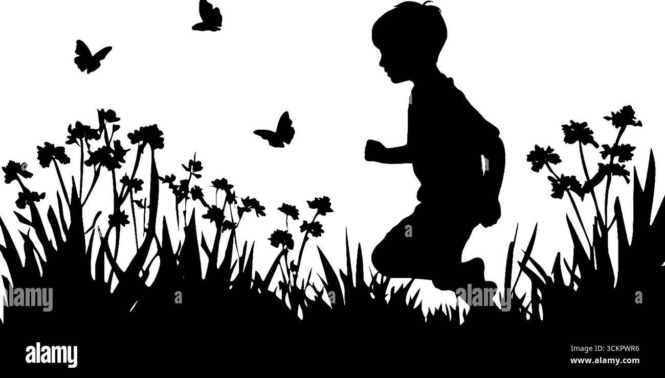 Child enjoying spring meadow, chasing butterflies silhouette. Stock Vector