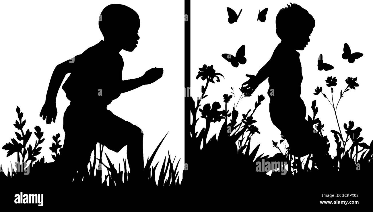 Children playing and chasing butterflies in a spring meadow silhouette. Stock Vector