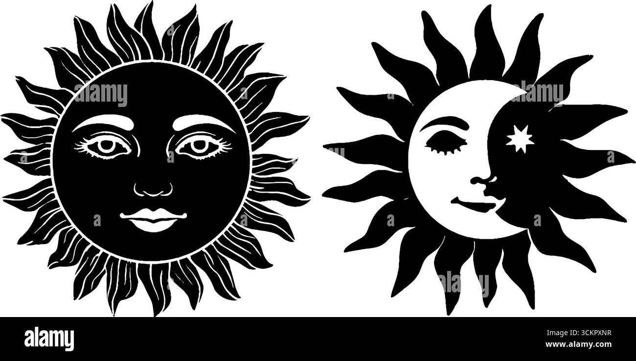 Celestial art with sun and moon faces featuring swirling stars for ...