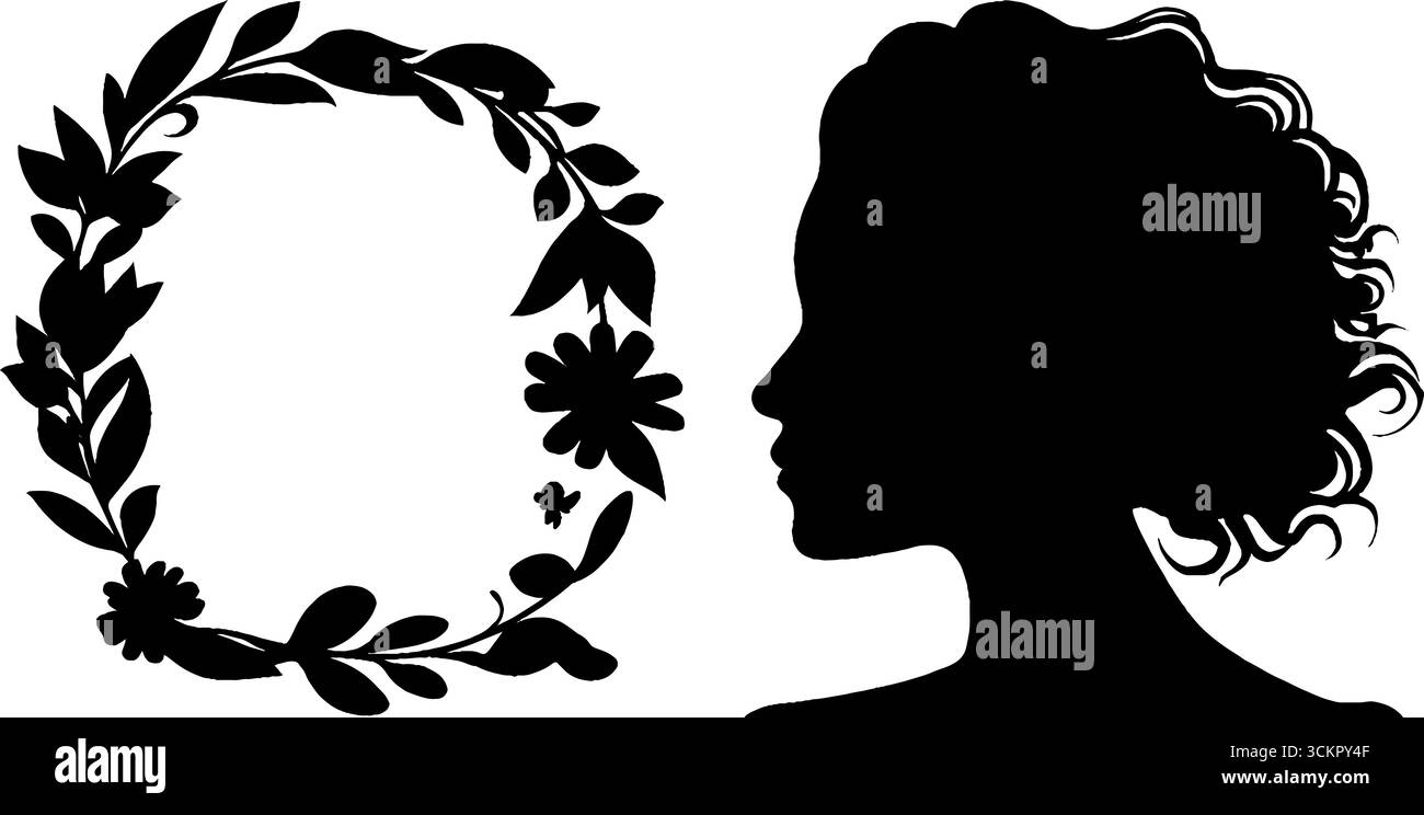 Elegant woman silhouette with swirling hair and floral design for art ...