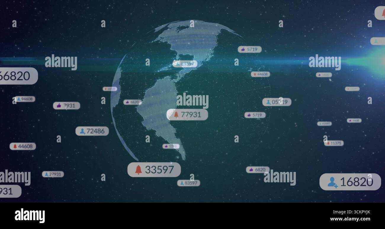 Rotating digital 3D Earth globe hovering in dark data space, with floating numeric tags, lens-flare Stock Photo