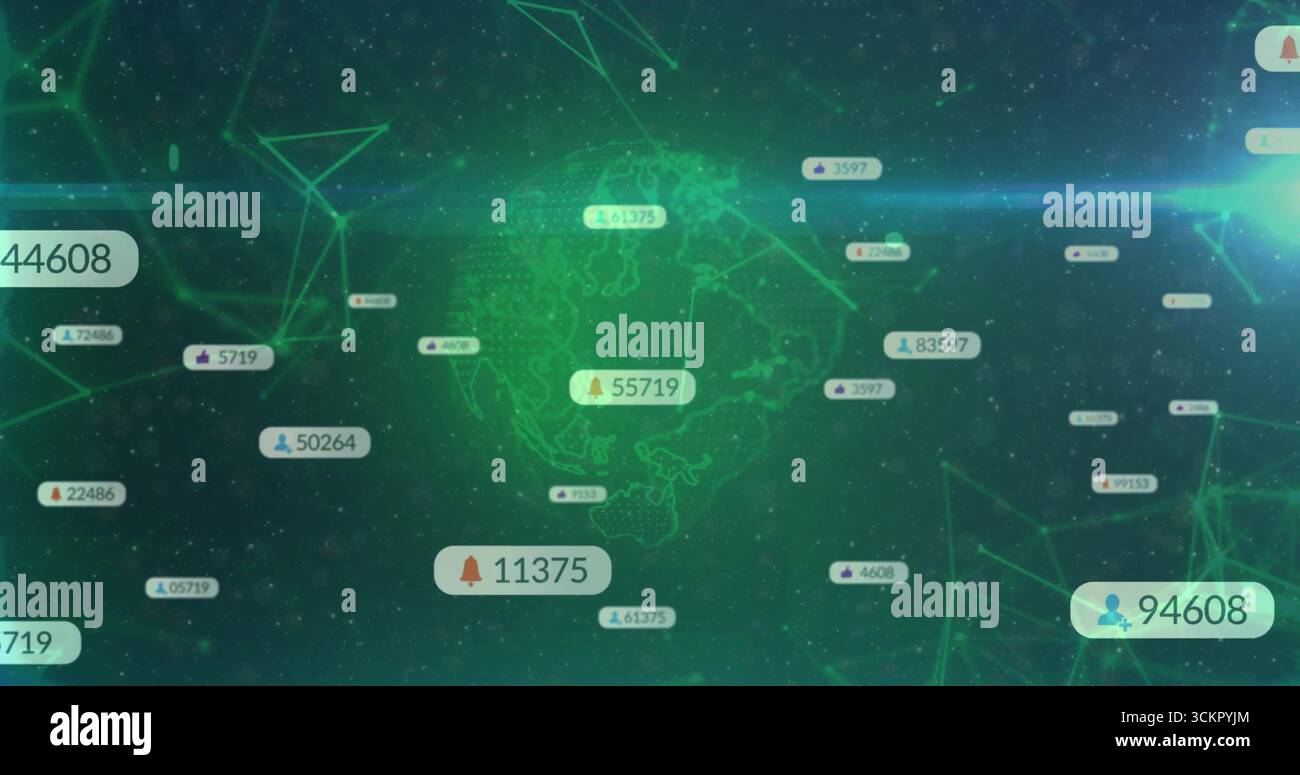 Rotating transparent globe in data interface, with network graph and numeric labels bearing icons Stock Photo