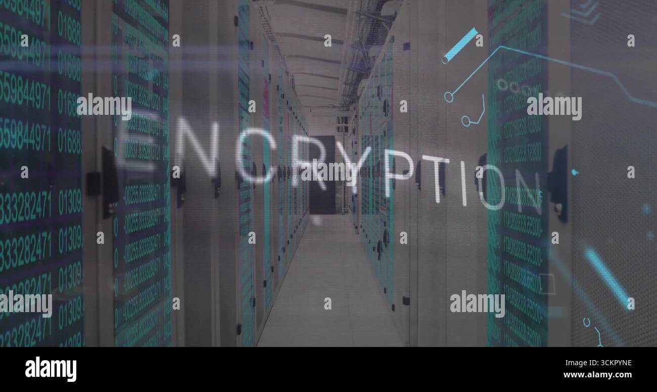 Server racks with blinking switches and trays lining data center corridor with encryption overlay Stock Photo