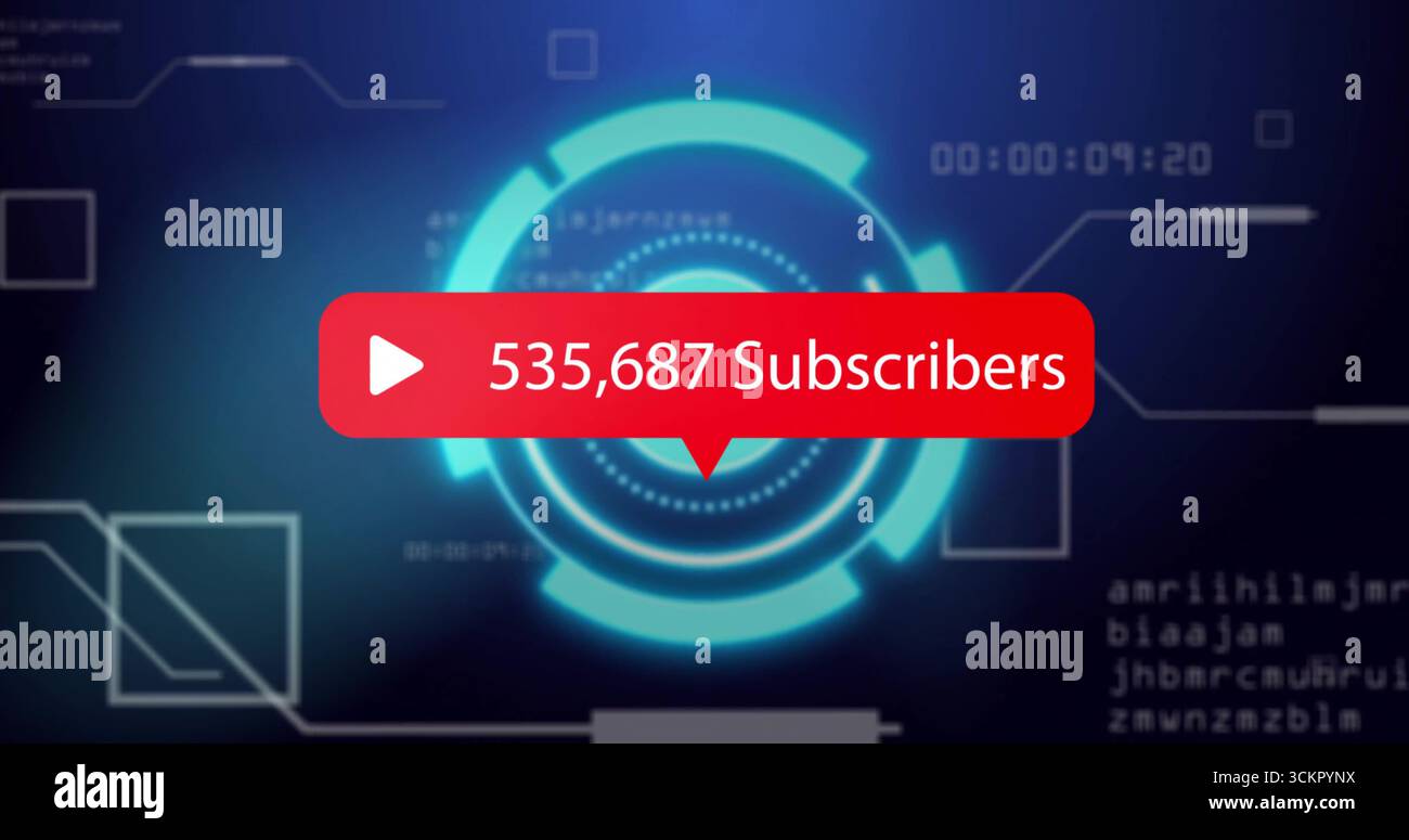 Displaying interface on blue gradient, featuring red subscriber bubble with play icon and teal HUD Stock Photo