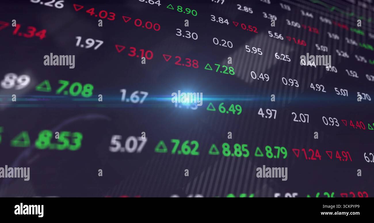 Displaying numeric grid with plus green and minus red arrows on trading interface, blue lens flare Stock Photo