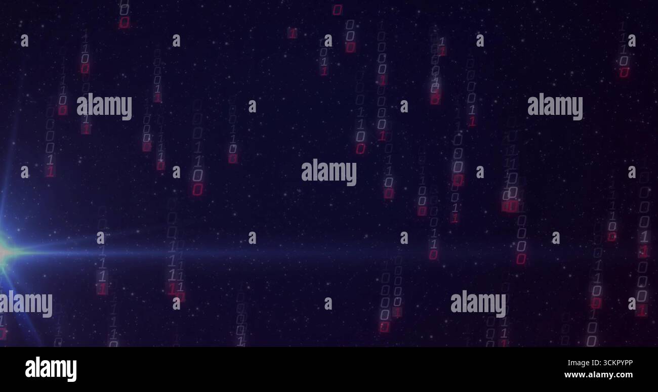 Binary code streams cascading in space, with blue lens flare, starfield and light streak Stock Photo