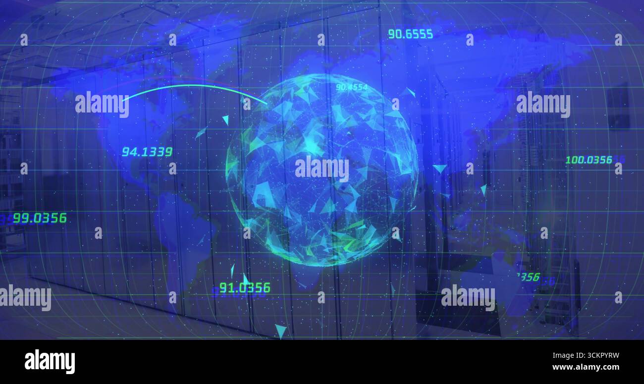 Spinning holographic globe showing grid overlay in office, with numeric data, triangular markers Stock Photo