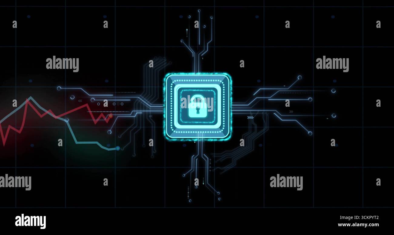 Displaying glowing padlock icon on virtual security panel, neon blue circuits and red green graphs Stock Photo