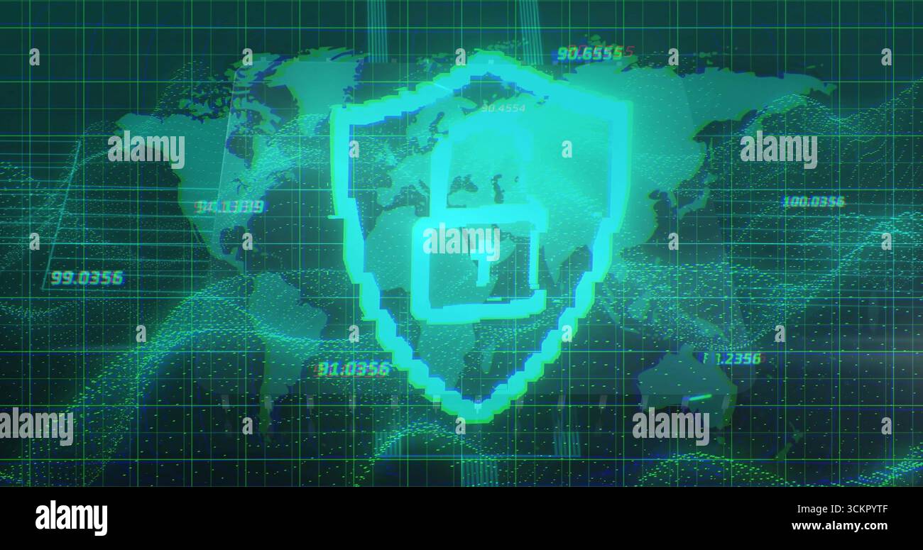 Highlighting pixelated shield icon with padlock glowing on map screen, grid lines and numeric data Stock Photo