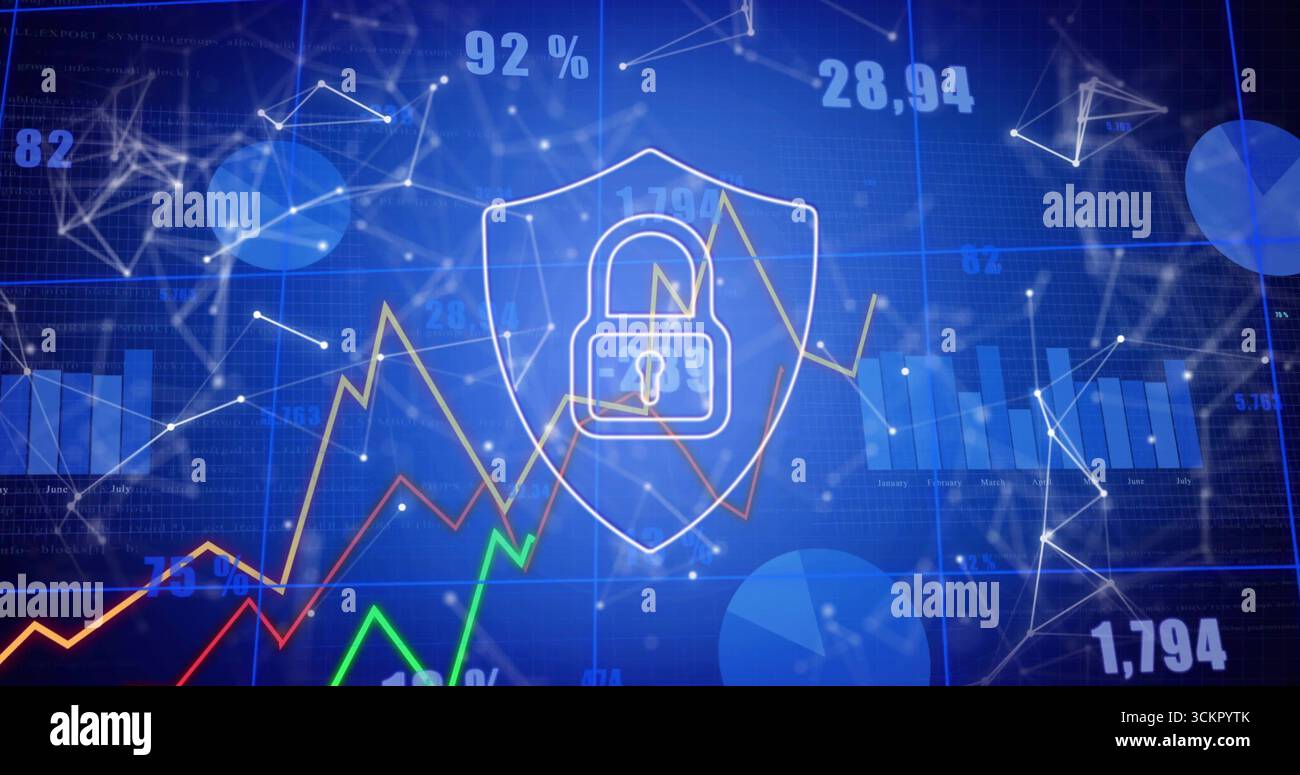 Displaying shield enclosing lock on blue grid with network nodes, data charts and numeric overlays Stock Photo
