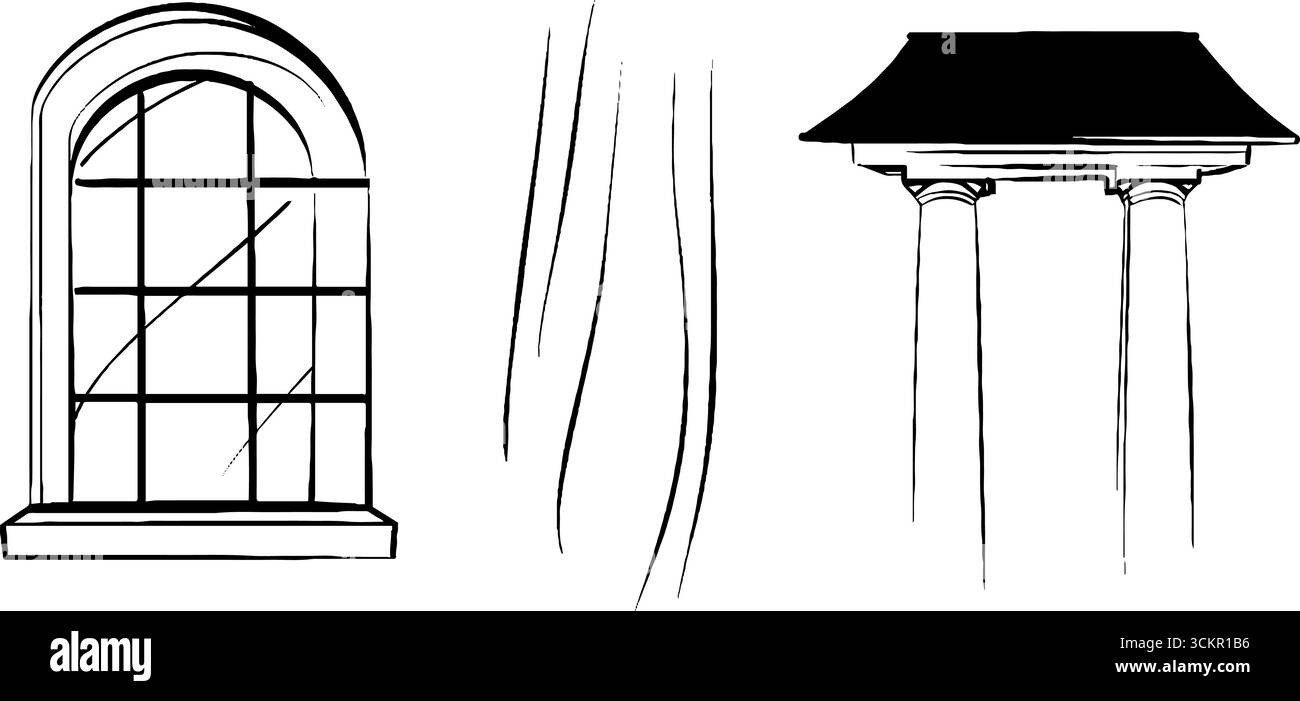 Architectural line art set featuring grid window frame and column ...