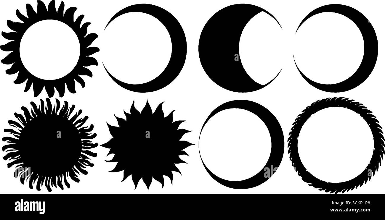 Celestial symbols collection: sun discs, crescent moons, and star