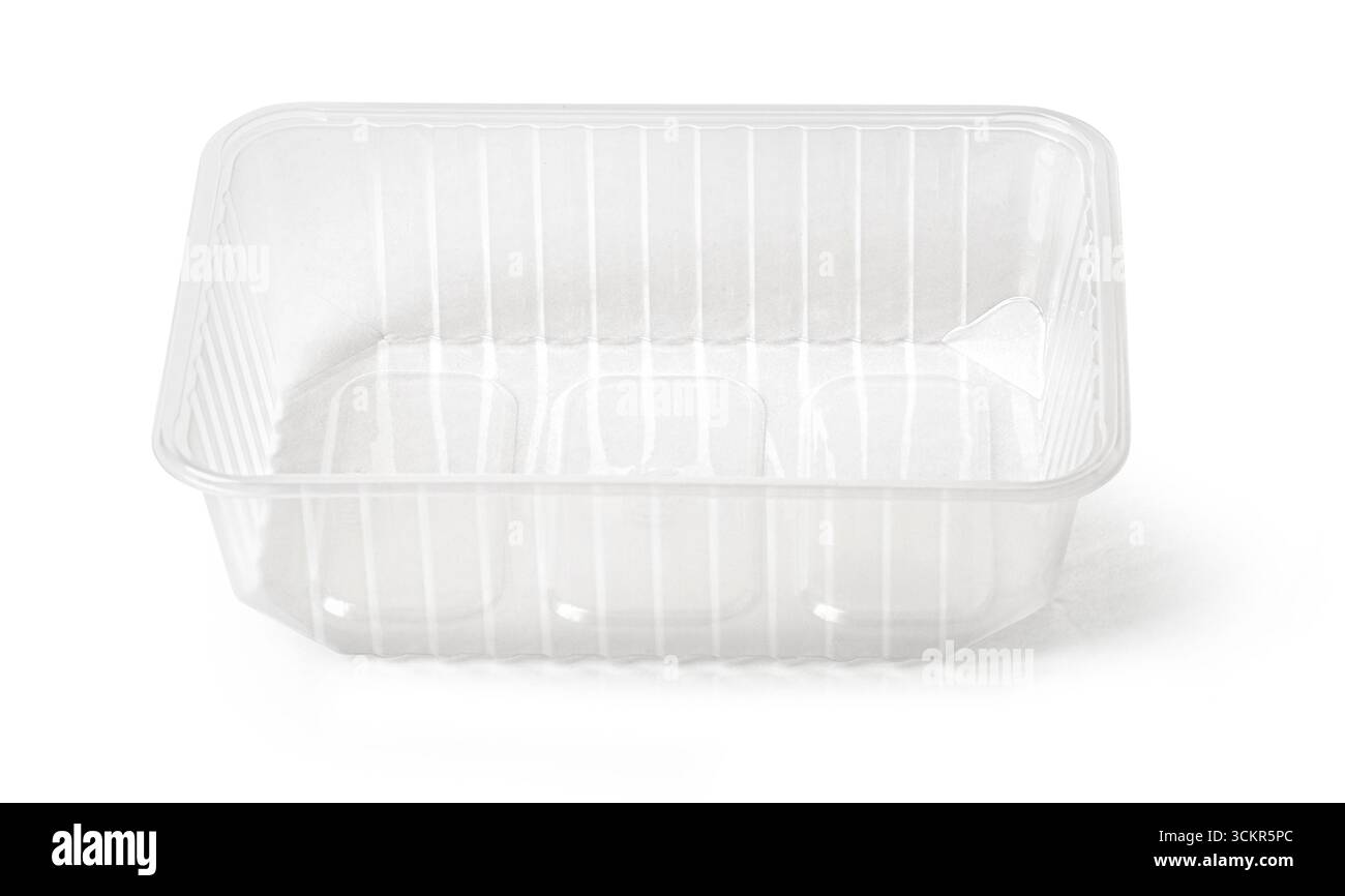 Empty transparent plastic food container isolated on white background Stock Photo