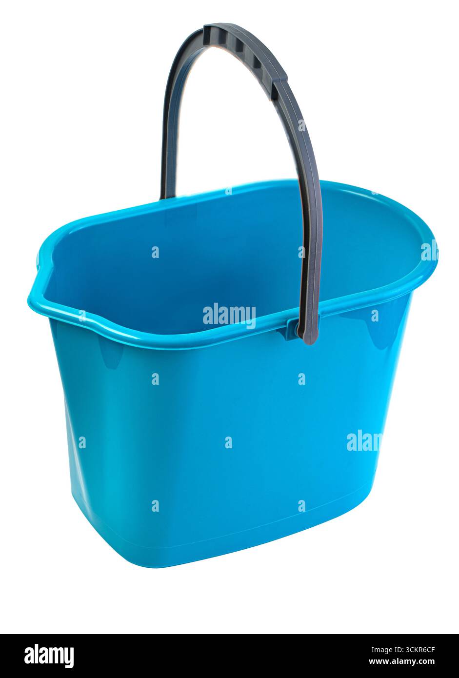 Empty light blue plastic bucket with gray handle, isolated on transparent background Stock Photo