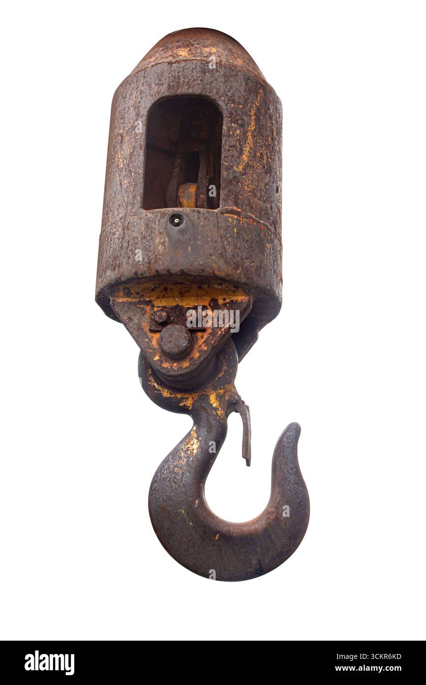 Old rusty crane hook hanging, isolated on transparent background Stock Photo