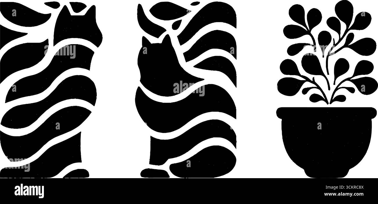 Picture of Minimalist cat and window silhouettes with flowerpot design for home ...