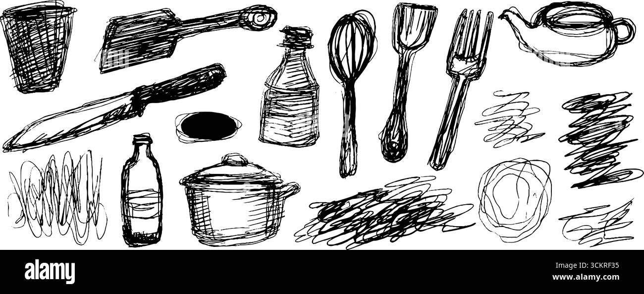 Hand drawn kitchen utensils collection for culinary art and design ...
