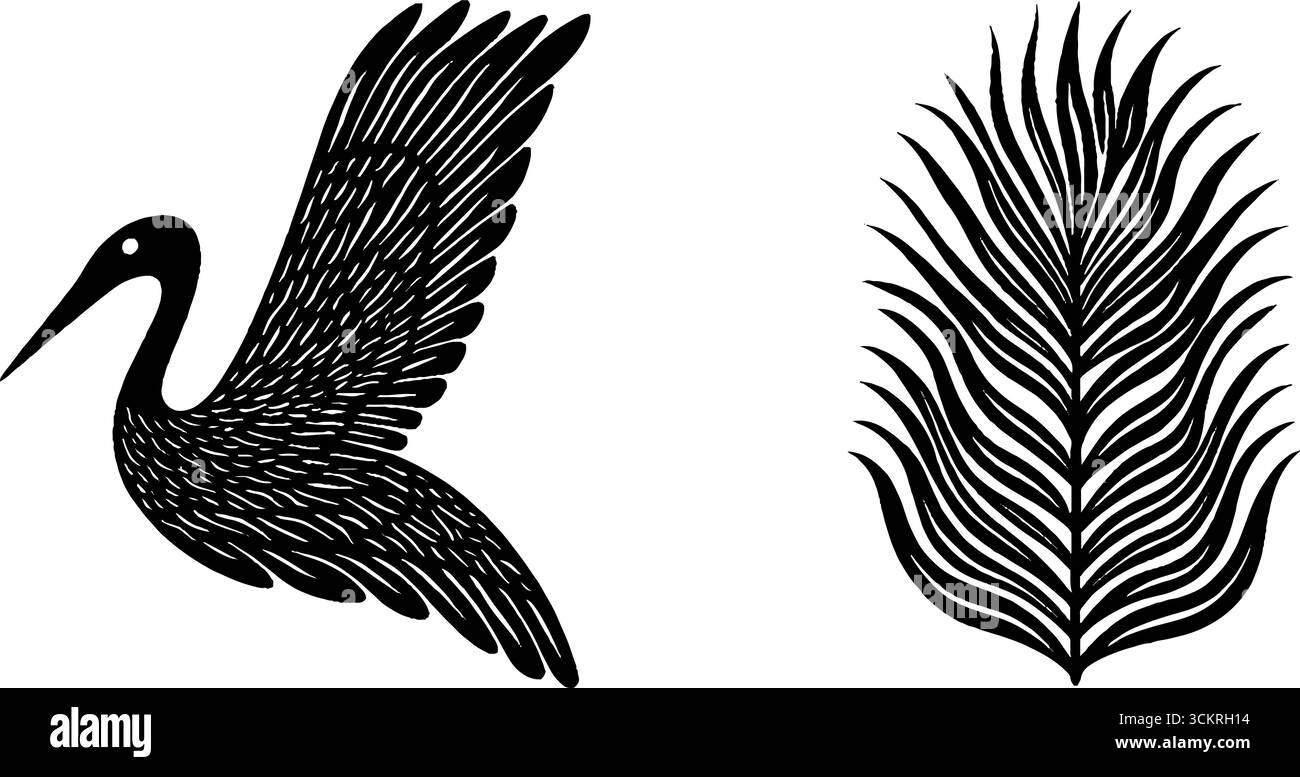 Simple Reed And Ripple Design Elegant crane wing with delicate reed stem and water ripple design for ...